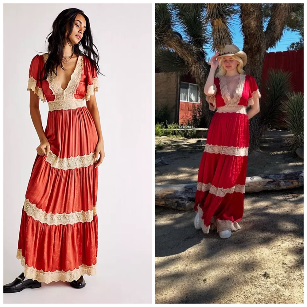 SPELL Ocean Gown Red Tiered Lace Maxi‎ Dress Medium